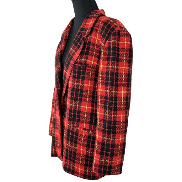 VINTAGE 80s Red Plaid Classic Tweed Blazer - Picture 4 of 10